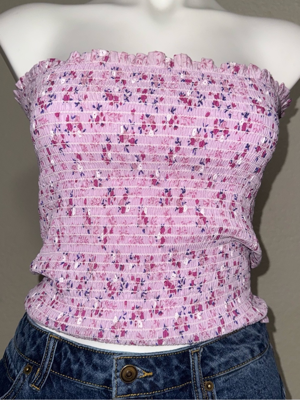 Smocked Strapless Pink Floral Camisole